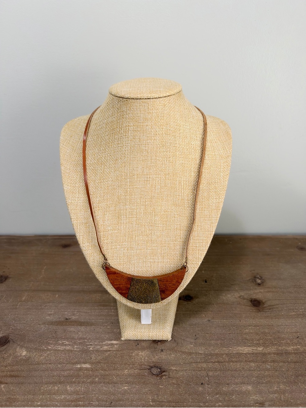 Handcrafted Wood Leather Necklace Antiqued Brass Crescent Pendant